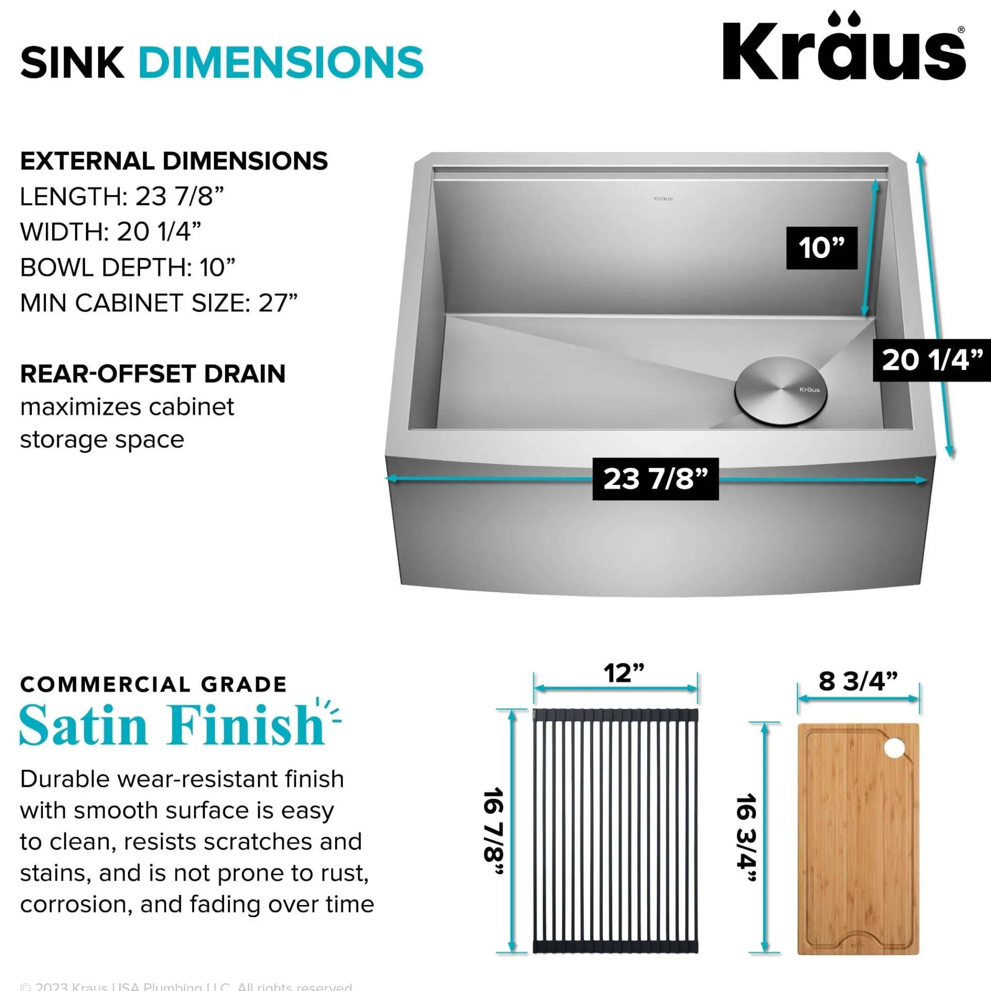 24" Farmhouse Workstation 16 Gauge Single Bowl Stainless Steel Kitchen Sink with Accessories