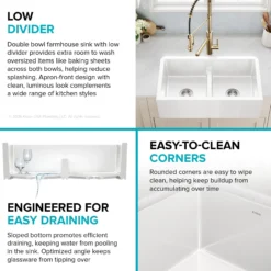 33” Fireclay Farmhouse Kitchen Sink Reversible Apron Front Double Bowl with Low Divider in Gloss White