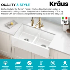 33” Fireclay Farmhouse Kitchen Sink Reversible Apron Front Double Bowl with Low Divider in Gloss White