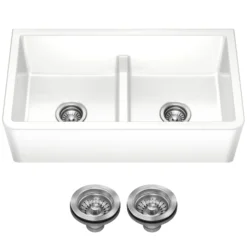 33” Fireclay Farmhouse Kitchen Sink Reversible Apron Front Double Bowl with Low Divider in Gloss White