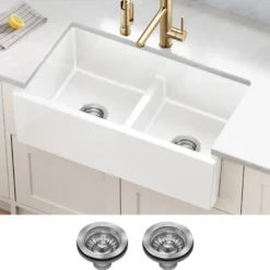 33” Fireclay Farmhouse Kitchen Sink Reversible Apron Front Double Bowl with Low Divider in Gloss White