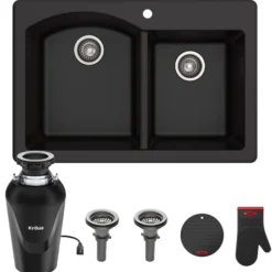 Forteza™ 33” Dual Mount 60/40 Double Bowl Granite Kitchen Sink in Black with WasteGuard™ Continuous Feed Garbage Disposal