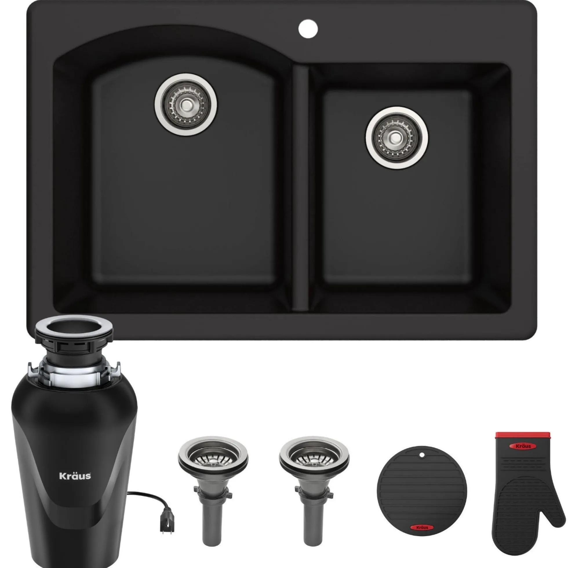 Forteza™ 33” Dual Mount 60/40 Double Bowl Granite Kitchen Sink in Black with WasteGuard™ Continuous Feed Garbage Disposal