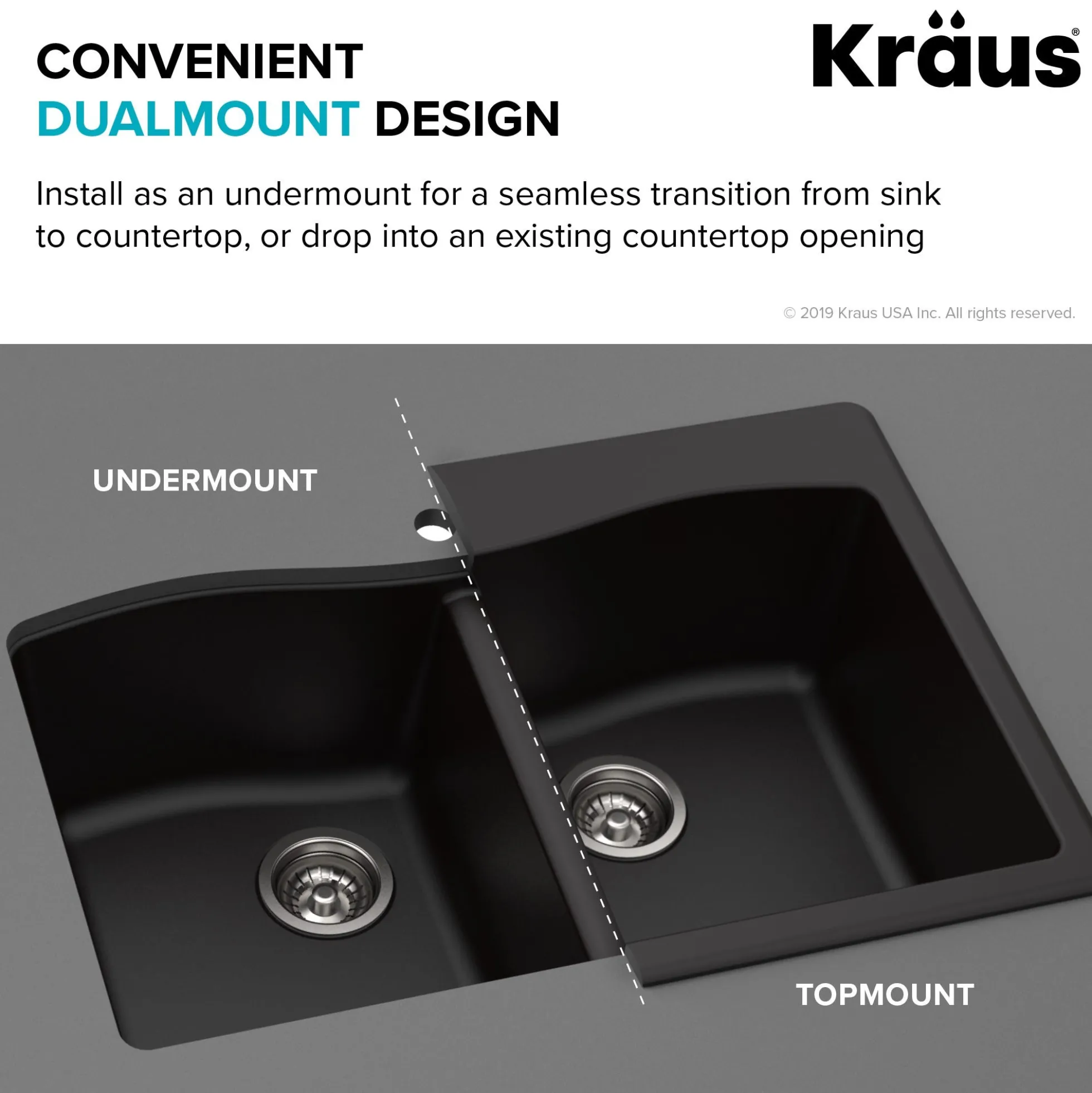 Forteza™ 33” Dual Mount 60/40 Double Bowl Granite Kitchen Sink in Black with WasteGuard™ Continuous Feed Garbage Disposal