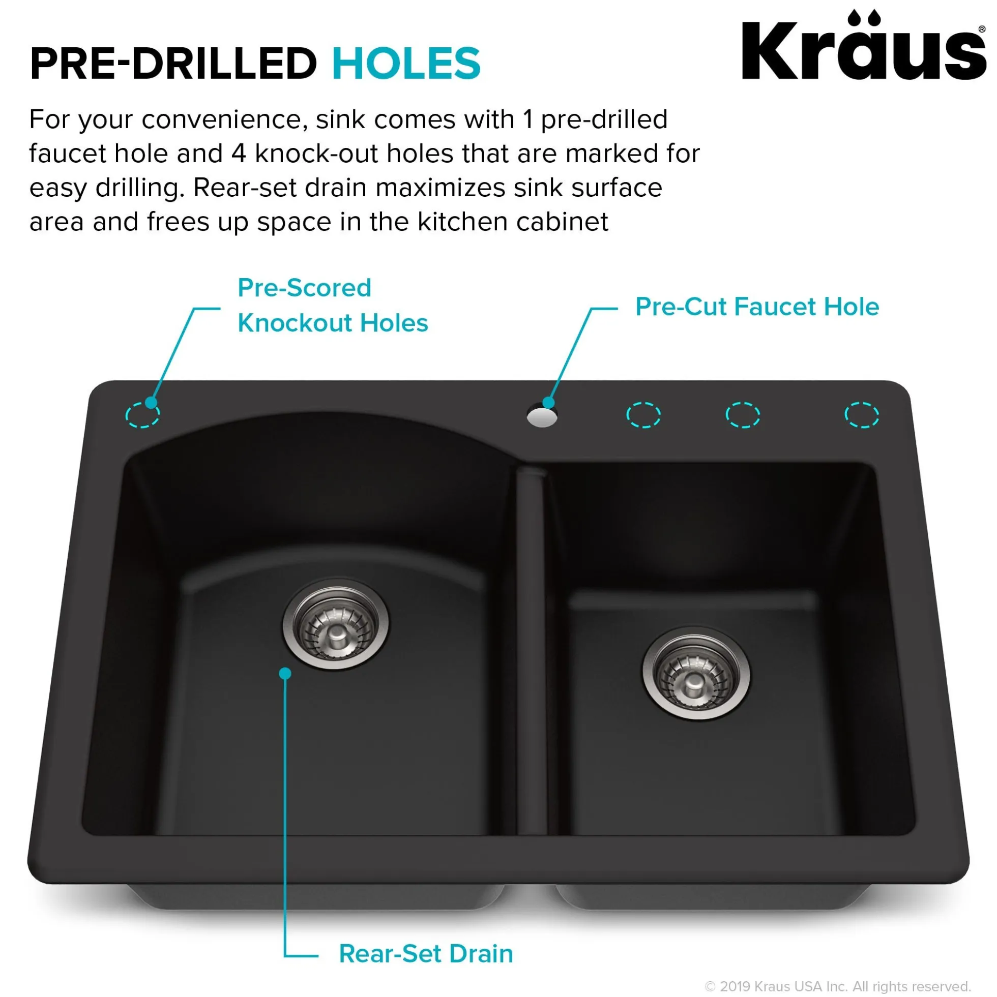 Forteza™ 33” Dual Mount 60/40 Double Bowl Granite Kitchen Sink in Black with WasteGuard™ Continuous Feed Garbage Disposal