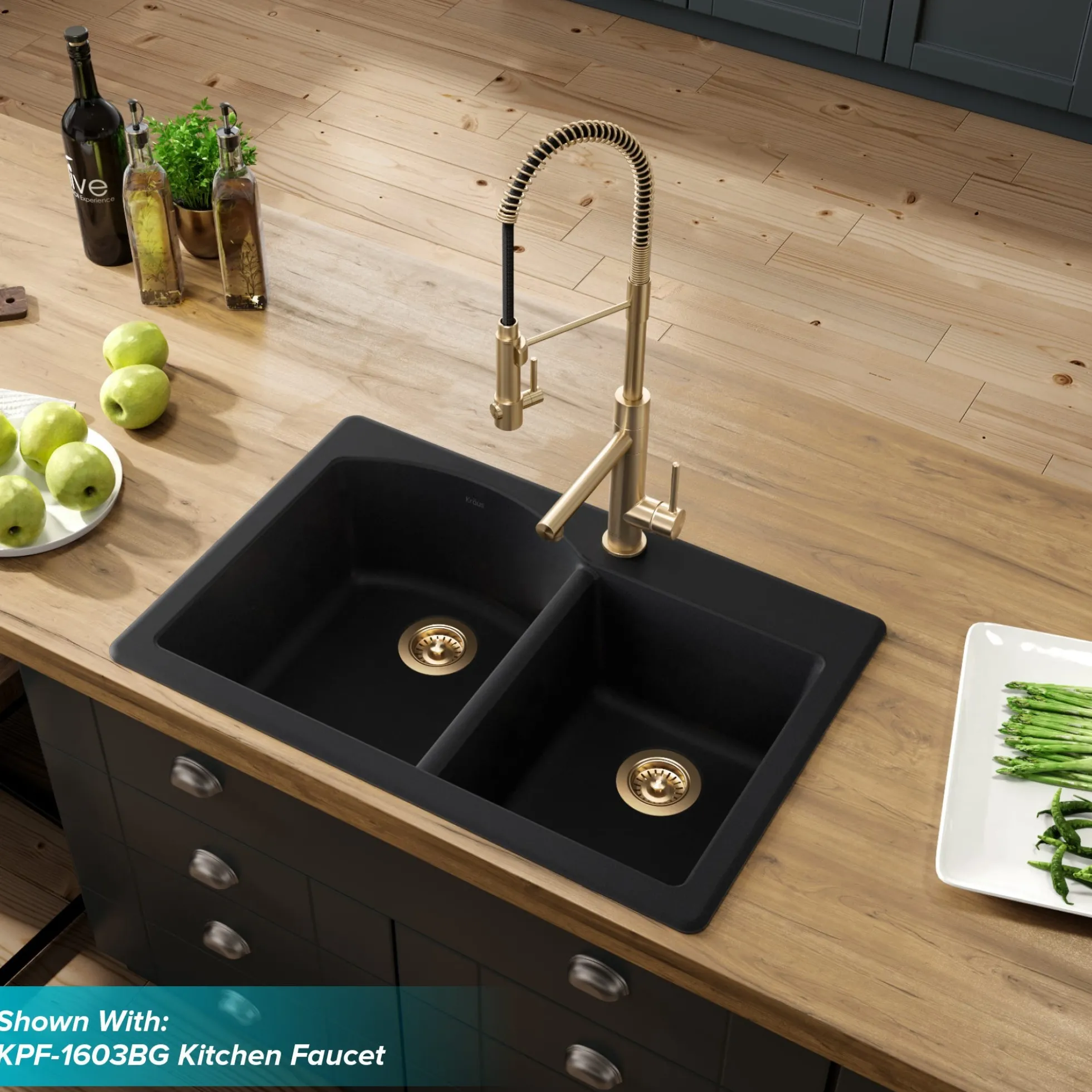 Forteza™ 33” Dual Mount 60/40 Double Bowl Granite Kitchen Sink in Black with WasteGuard™ Continuous Feed Garbage Disposal