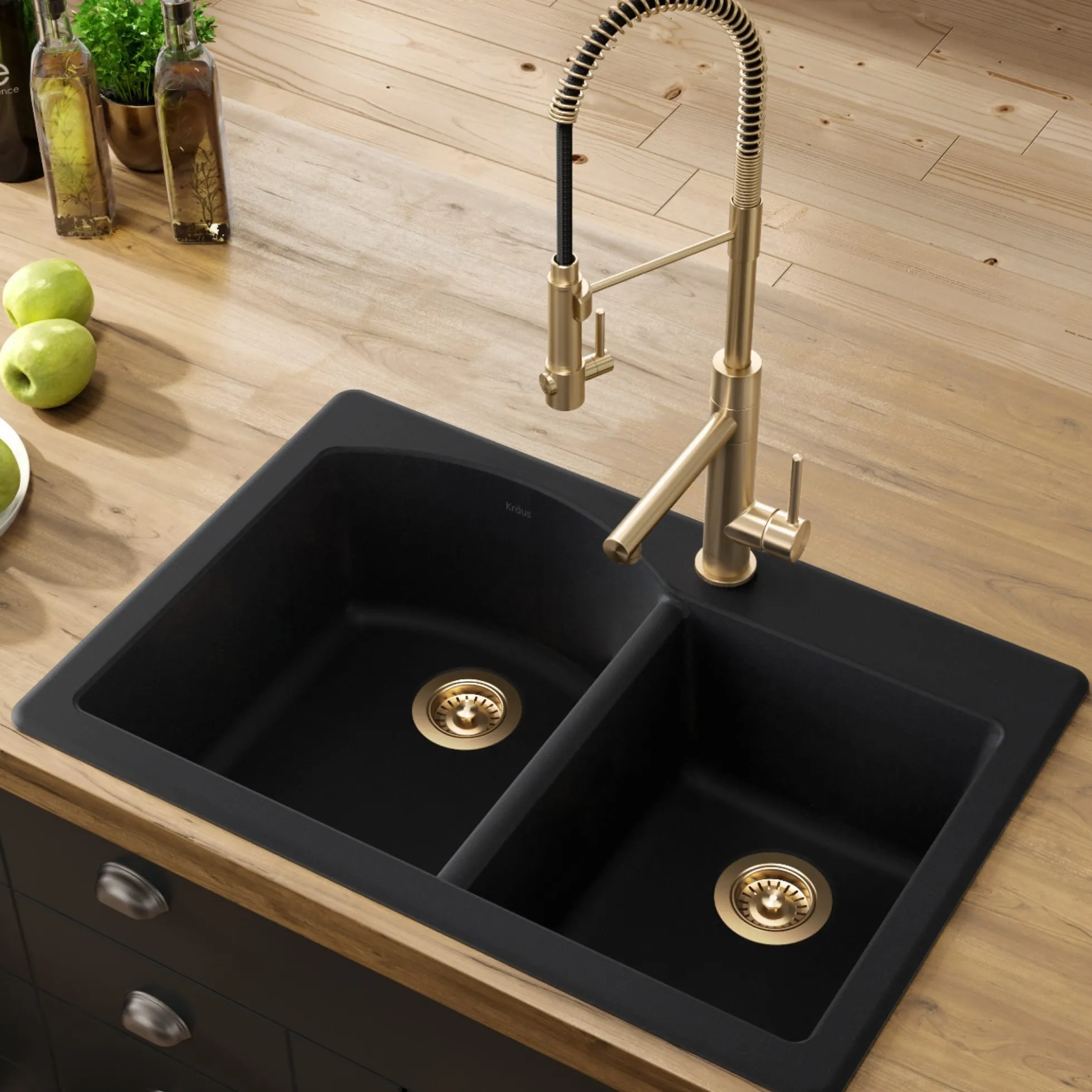 Forteza™ 33” Dual Mount 60/40 Double Bowl Granite Kitchen Sink in Black with WasteGuard™ Continuous Feed Garbage Disposal