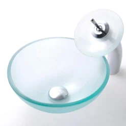 Frosted Glass Vessel 14" Bathroom Sink w/ Pop-Up Drain in Satin Nickel