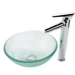 Frosted Glass Vessel 14" Bathroom Sink w/ Pop-Up Drain in Satin Nickel