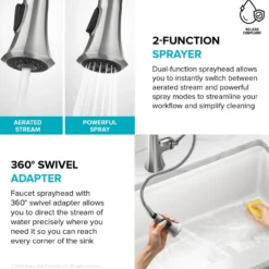 2-Function Single Handle Pull Down Kitchen Faucet in Brushed Gold