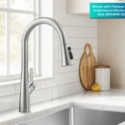 4-Function Single Handle Pull Down Kitchen Faucet with CleanSweep™ Blade Spray in Spot-Free Stainless Steel