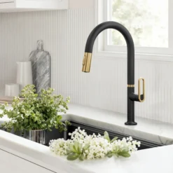 2-Function Single Handle Pull Down Kitchen Faucet in Spot-Free Brushed Brass / Matte Black