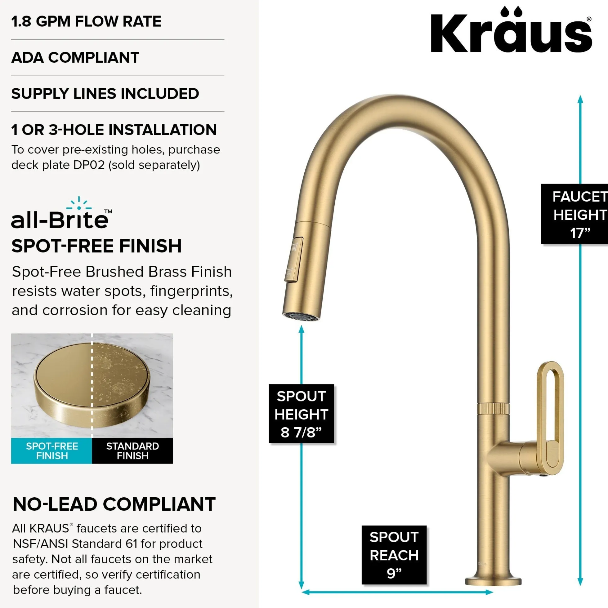 2-Function Single Handle Pull Down Kitchen Faucet in Spot-Free Brushed Brass