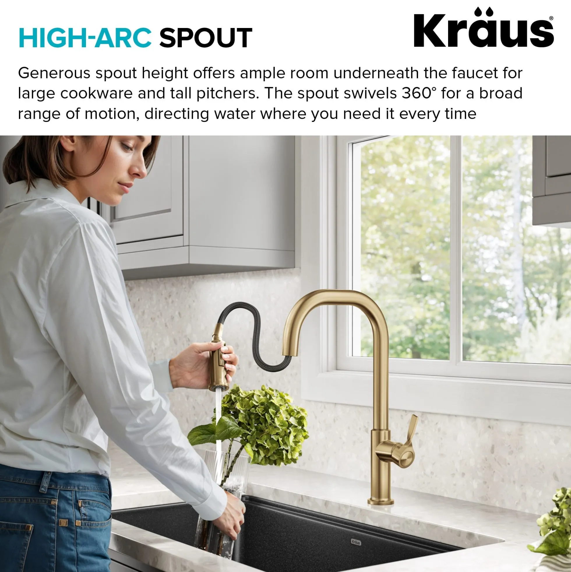 2-Function Single Handle Pull Down Kitchen Faucet in Spot-Free Brushed Brass