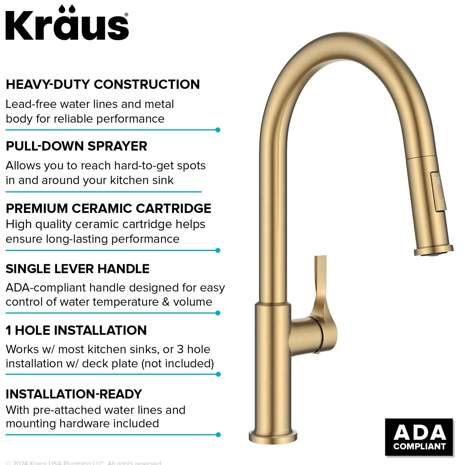 2-Function Single Handle Pull Down Kitchen Faucet in Spot-Free Brushed Brass