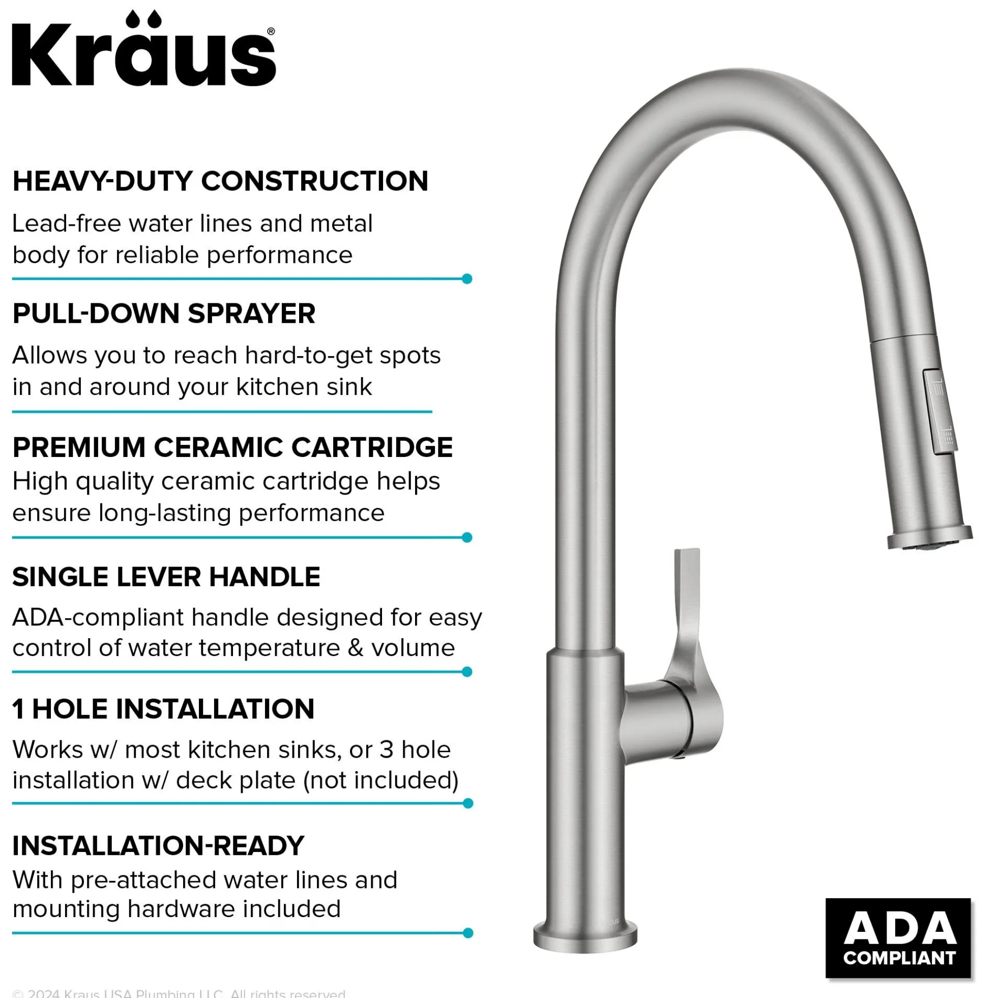 2-Function Single Handle Pull Down Kitchen Faucet in Spot-Free Stainless Steel