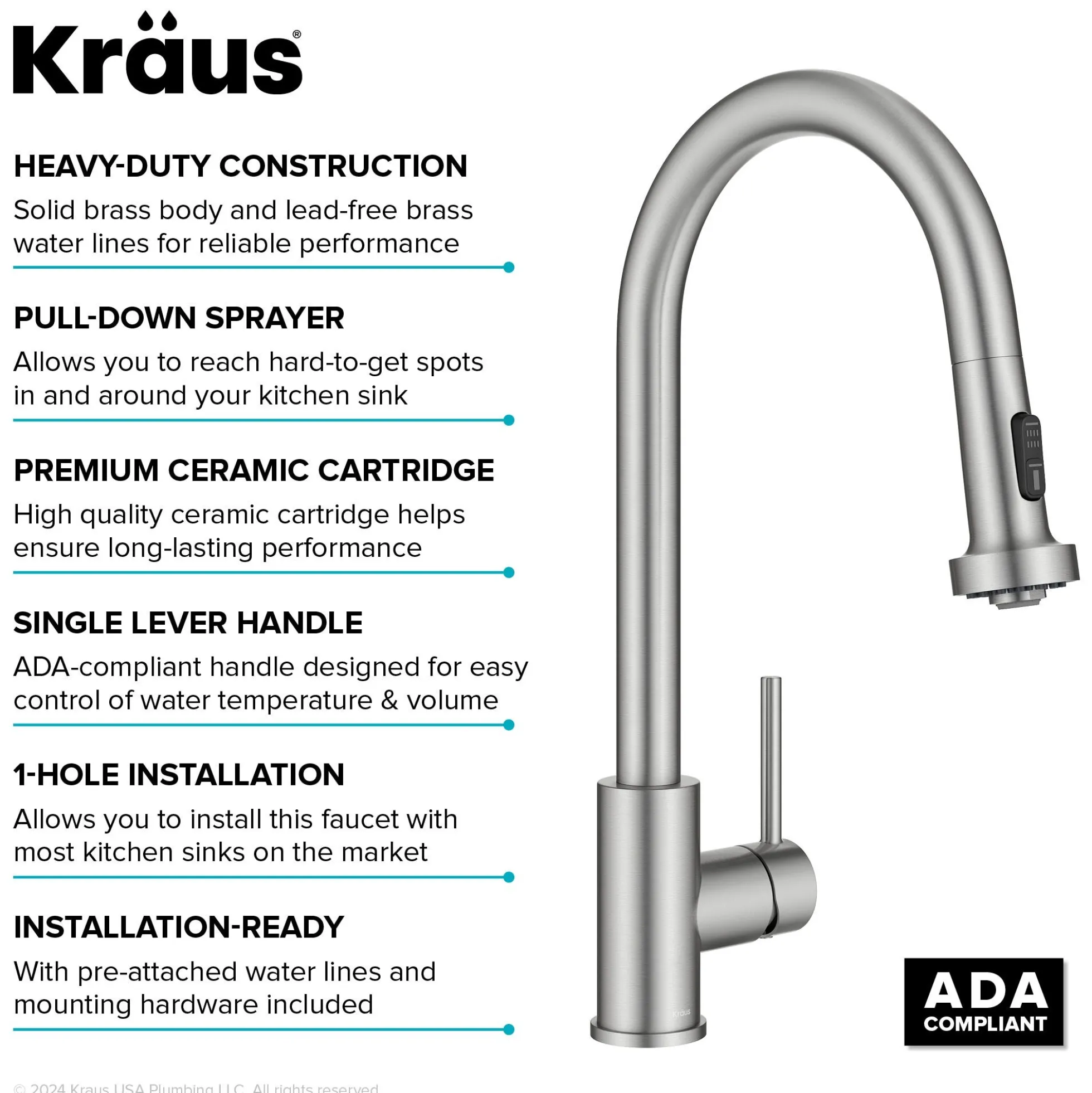 2-Function Single Handle Pull Down Kitchen Faucet in Spot-Free Stainless Steel