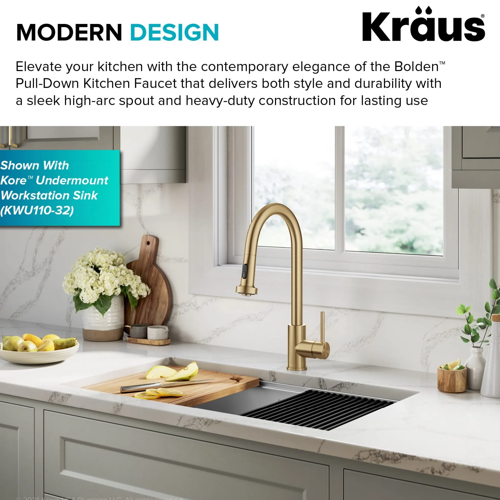 2-Function Single Handle Pull Down Kitchen Faucet in Spot-Free Brushed Brass