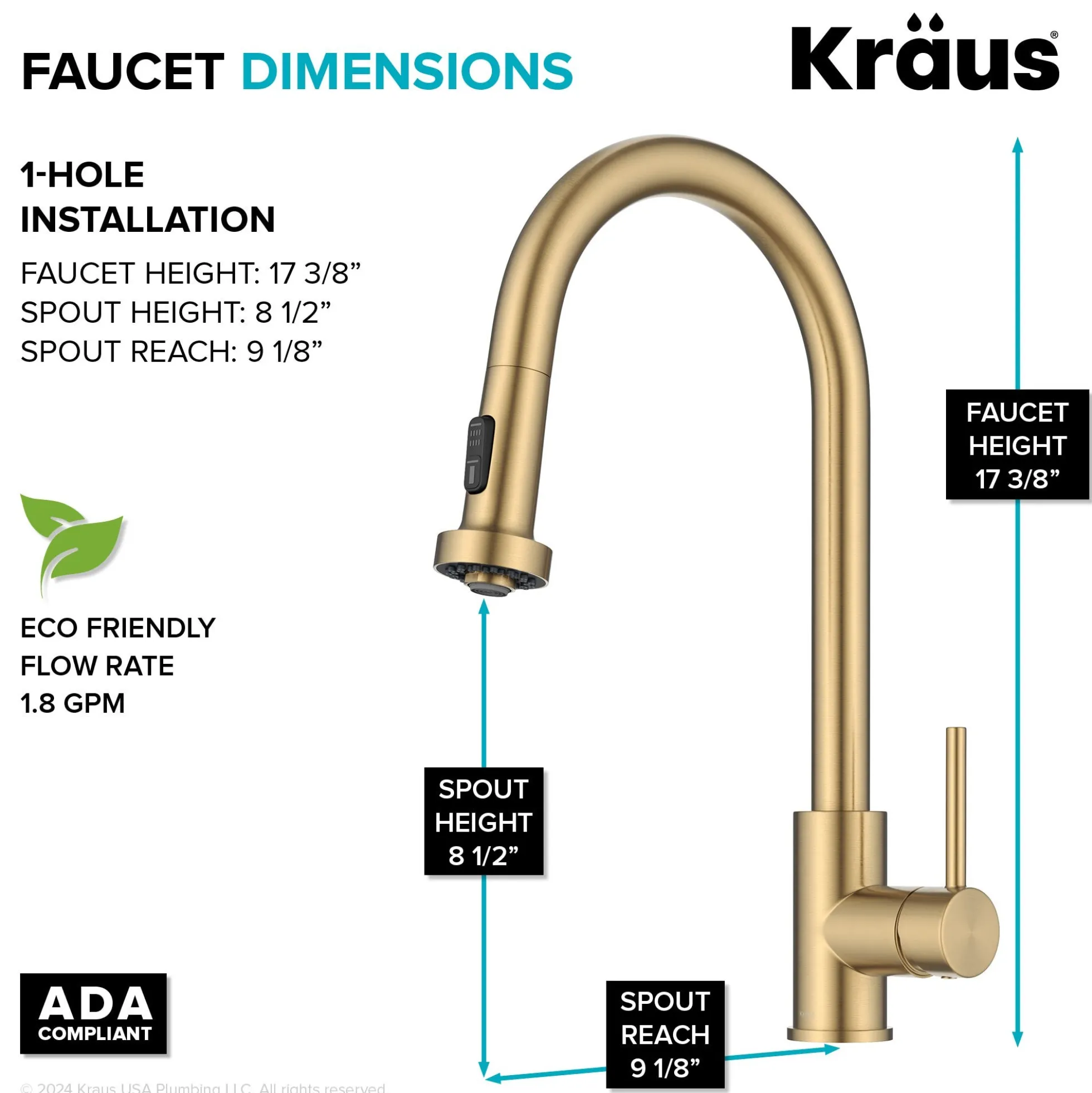 2-Function Single Handle Pull Down Kitchen Faucet in Spot-Free Brushed Brass