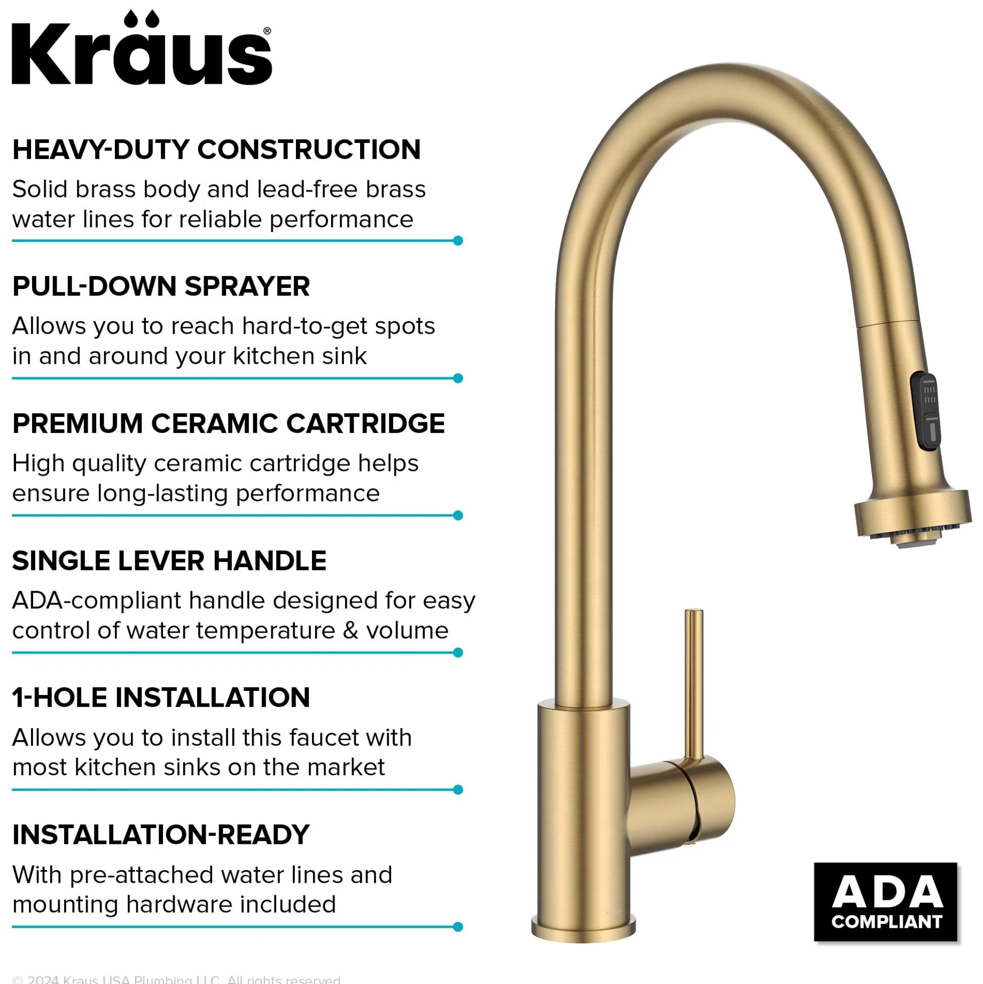 2-Function Single Handle Pull Down Kitchen Faucet in Spot-Free Brushed Brass