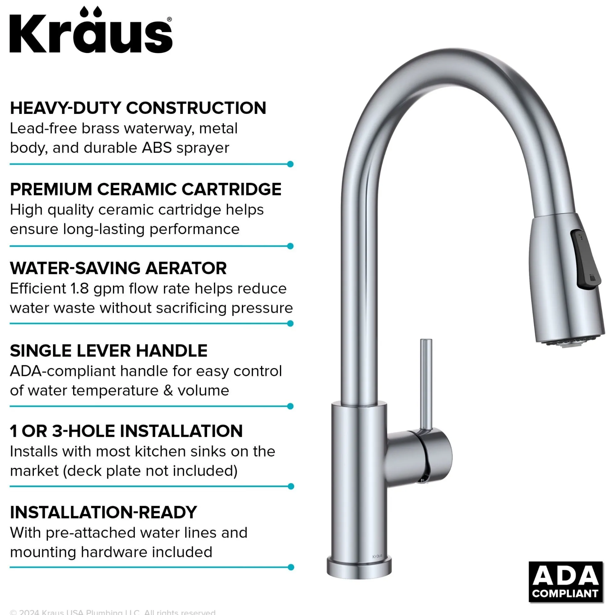 2-Function Single Handle Pull Down Kitchen Faucet in Chrome