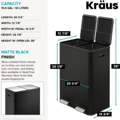 15.8 Gallon / 60 Liter Dual Compartment Step Pedal Kitchen Trash Can in Matte Black with Removable Inner Buckets, Odor Control Filters, and Soft Close Lid