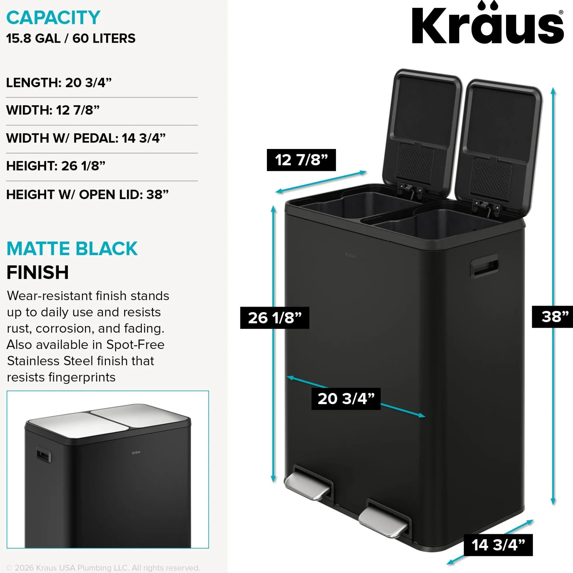 15.8 Gallon / 60 Liter Dual Compartment Step Pedal Kitchen Trash Can in Matte Black with Removable Inner Buckets, Odor Control Filters, and Soft Close Lid