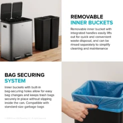 15.8 Gallon / 60 Liter Dual Compartment Step Pedal Kitchen Trash Can in Matte Black with Removable Inner Buckets, Odor Control Filters, and Soft Close Lid