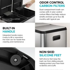 15.8 Gallon / 60 Liter Dual Compartment Step Pedal Kitchen Trash Can in Matte Black with Removable Inner Buckets, Odor Control Filters, and Soft Close Lid