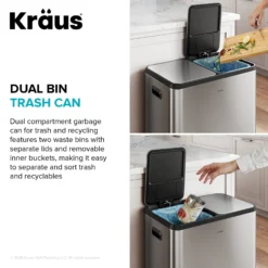 15.8 Gallon / 60 Liter Dual Compartment Step Pedal Kitchen Trash Can in Matte Black with Removable Inner Buckets, Odor Control Filters, and Soft Close Lid