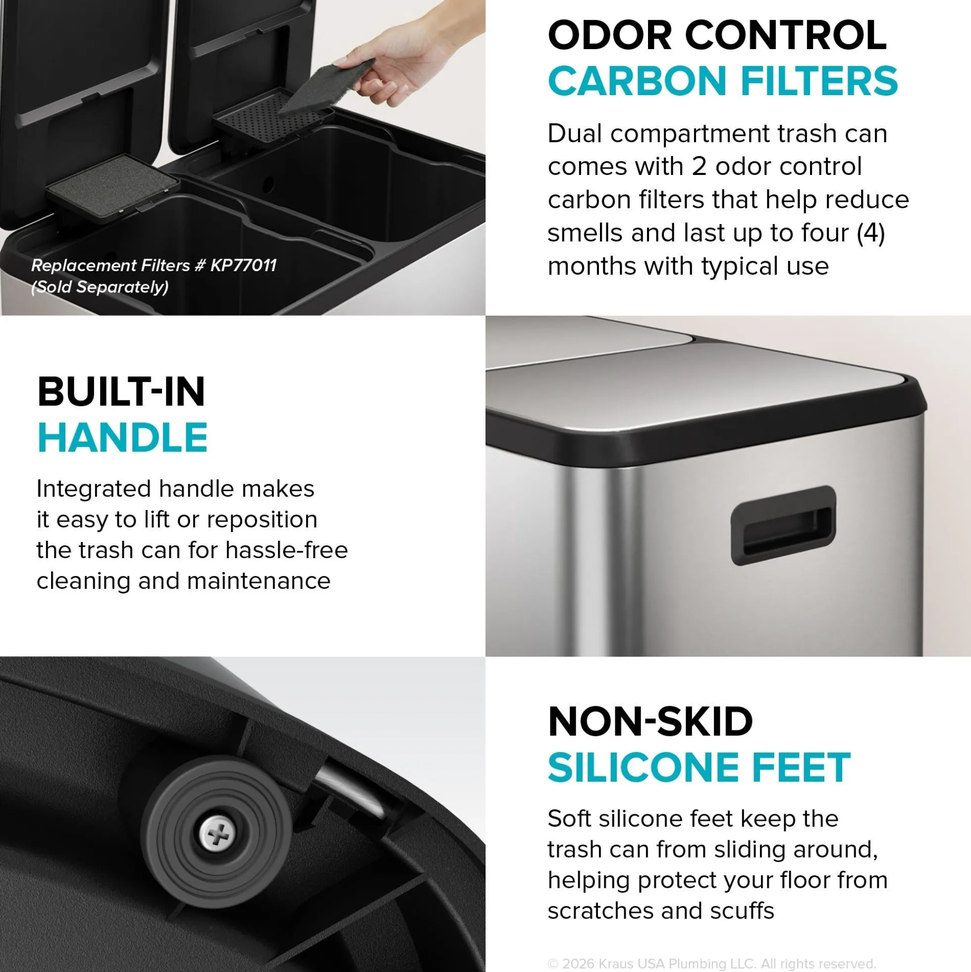 15.8 Gallon / 60 Liter Dual Compartment Step Pedal Kitchen Trash Can in Spot-Free Stainless Steel with Removable Inner Buckets, Odor Control Filters, and Soft Close Lid