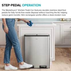 15.8 Gallon / 60 Liter Dual Compartment Step Pedal Kitchen Trash Can in Spot-Free Stainless Steel with Removable Inner Buckets, Odor Control Filters, and Soft Close Lid