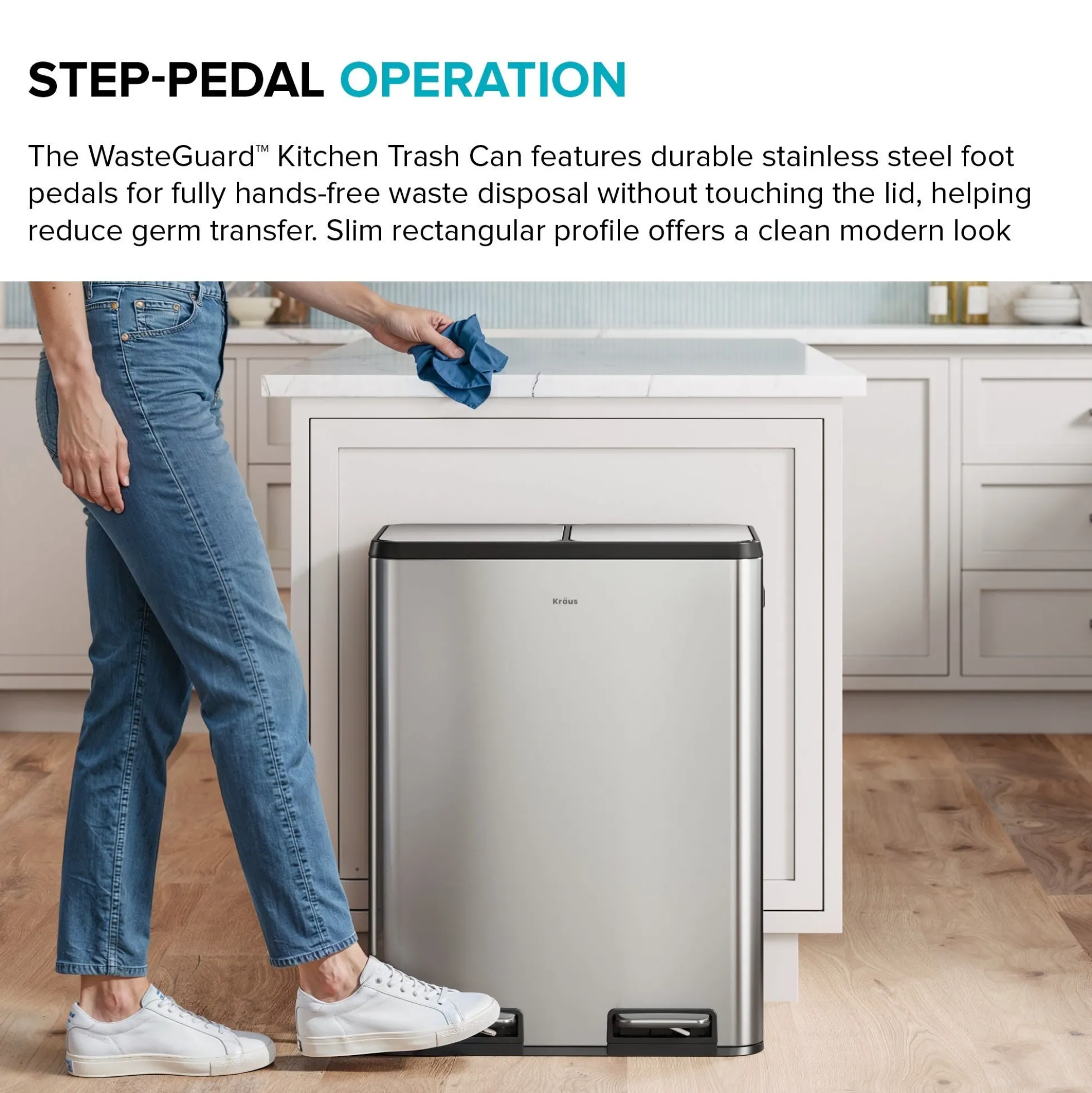 15.8 Gallon / 60 Liter Dual Compartment Step Pedal Kitchen Trash Can in Spot-Free Stainless Steel with Removable Inner Buckets, Odor Control Filters, and Soft Close Lid