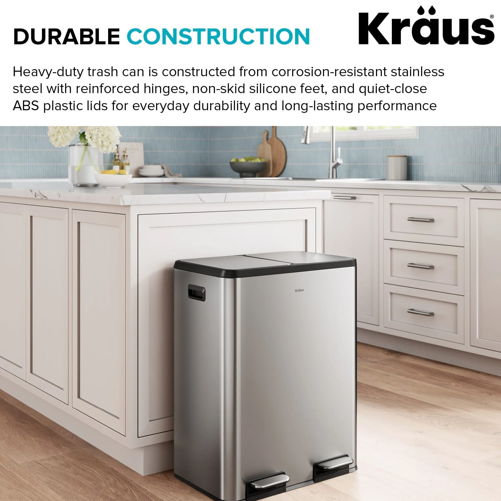 15.8 Gallon / 60 Liter Dual Compartment Step Pedal Kitchen Trash Can in Spot-Free Stainless Steel with Removable Inner Buckets, Odor Control Filters, and Soft Close Lid
