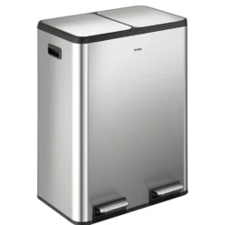 15.8 Gallon / 60 Liter Dual Compartment Step Pedal Kitchen Trash Can in Spot-Free Stainless Steel with Removable Inner Buckets, Odor Control Filters, and Soft Close Lid