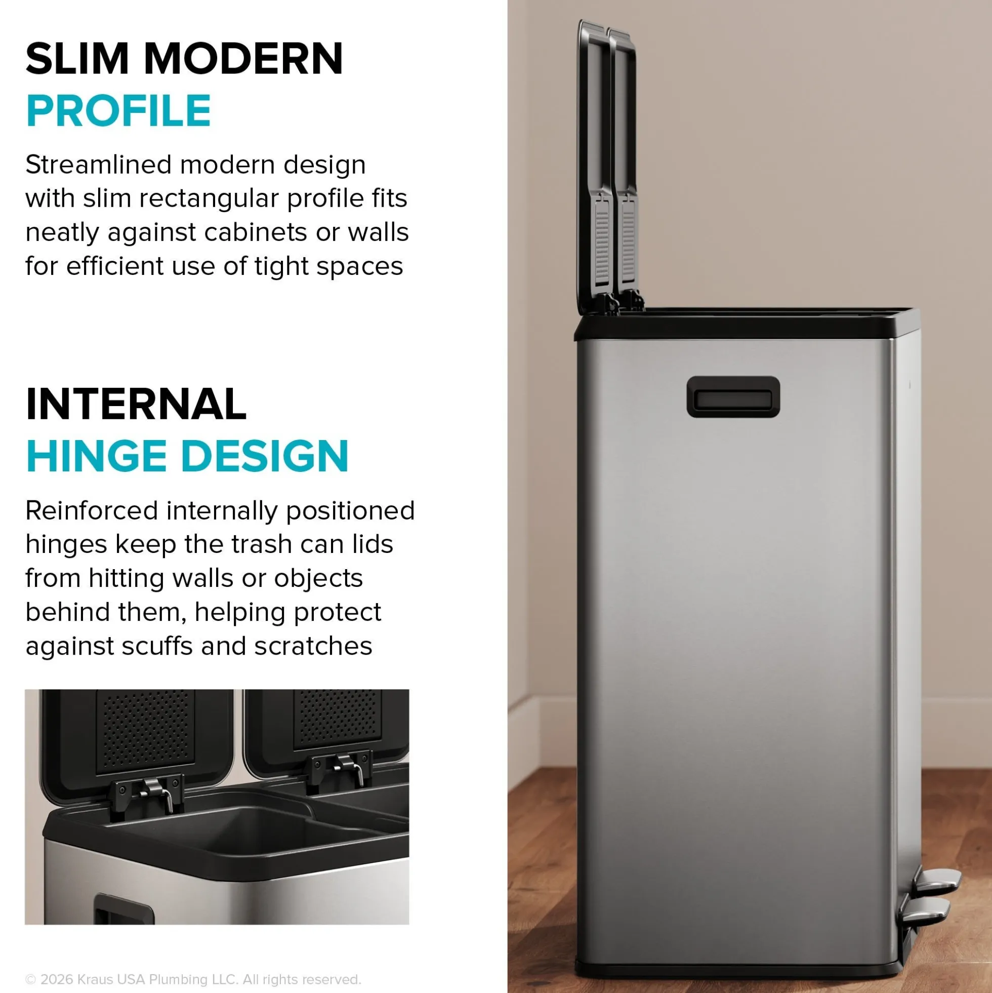 15.8 Gallon / 60 Liter Dual Compartment Step Pedal Kitchen Trash Can in Spot-Free Stainless Steel with Removable Inner Buckets, Odor Control Filters, and Soft Close Lid