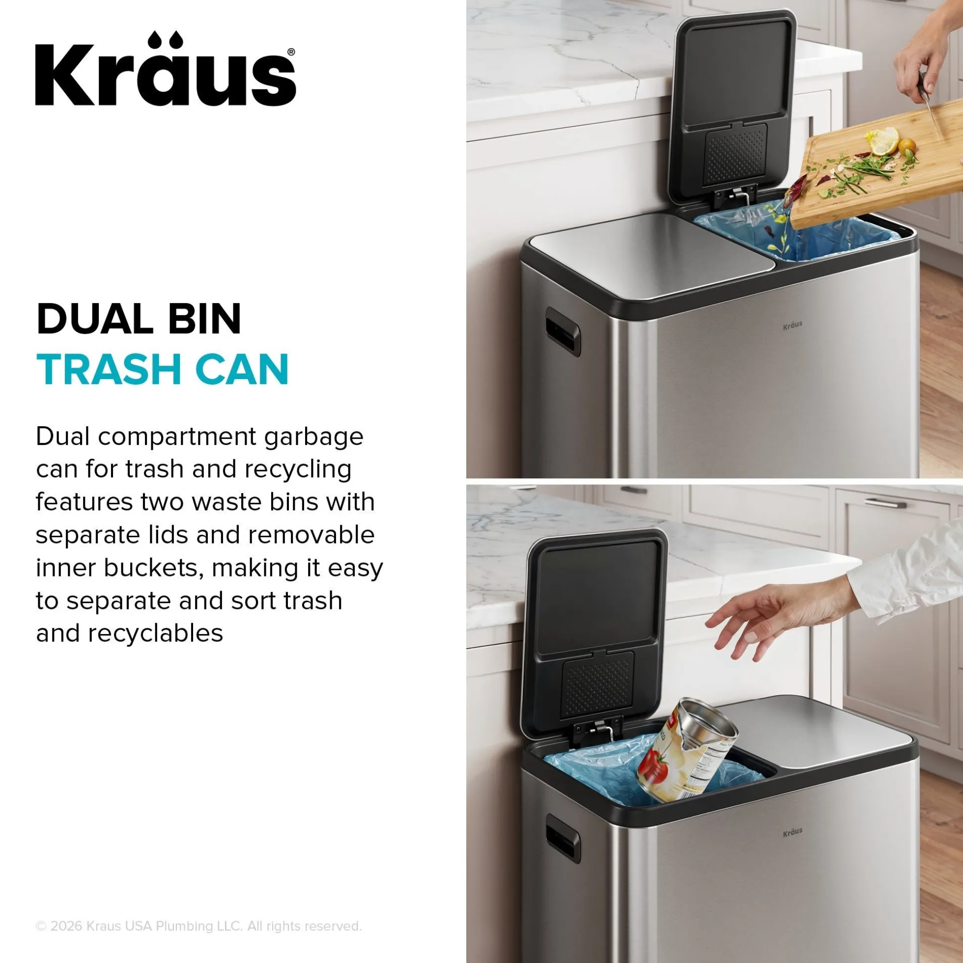 15.8 Gallon / 60 Liter Dual Compartment Step Pedal Kitchen Trash Can in Spot-Free Stainless Steel with Removable Inner Buckets, Odor Control Filters, and Soft Close Lid