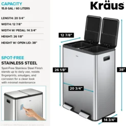 15.8 Gallon / 60 Liter Dual Compartment Step Pedal Kitchen Trash Can in Spot-Free Stainless Steel with Removable Inner Buckets, Odor Control Filters, and Soft Close Lid