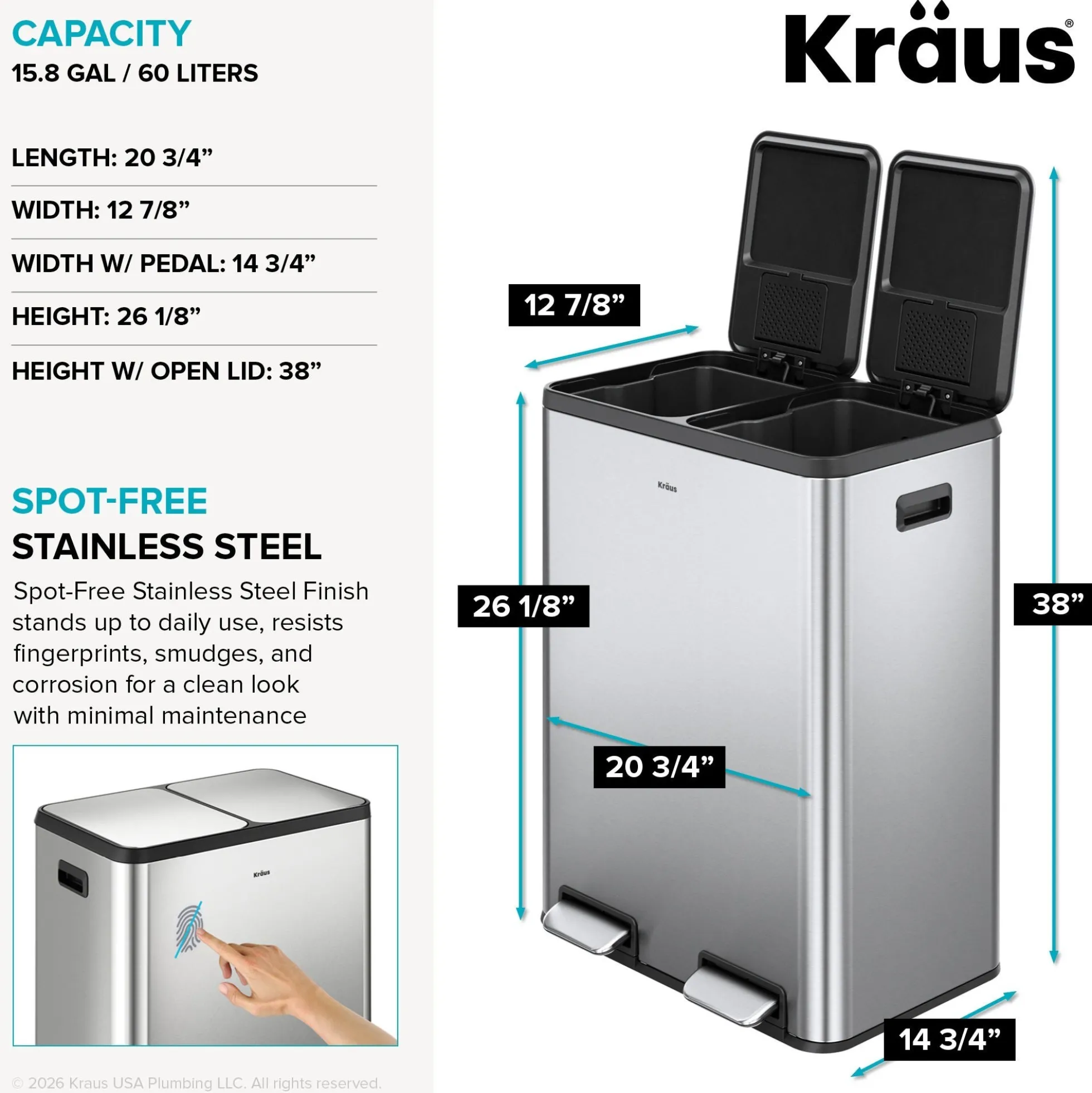 15.8 Gallon / 60 Liter Dual Compartment Step Pedal Kitchen Trash Can in Spot-Free Stainless Steel with Removable Inner Buckets, Odor Control Filters, and Soft Close Lid