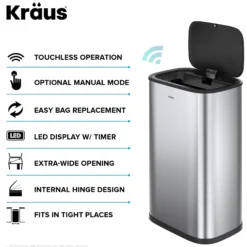 14.5 Gallon / 55 Liter Motion Sensor Kitchen Trash Can in Spot-Free Stainless Steel with Bag Securing Ring and Soft Close Lid
