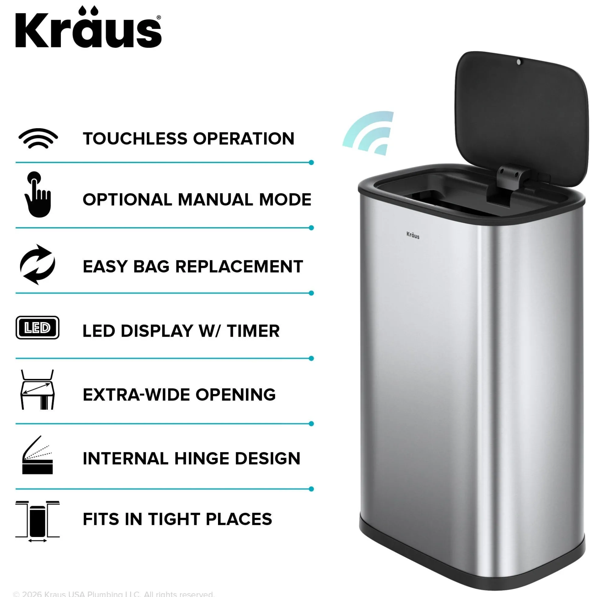 14.5 Gallon / 55 Liter Motion Sensor Kitchen Trash Can in Spot-Free Stainless Steel with Bag Securing Ring and Soft Close Lid