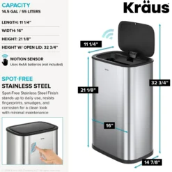 14.5 Gallon / 55 Liter Motion Sensor Kitchen Trash Can in Spot-Free Stainless Steel with Bag Securing Ring and Soft Close Lid