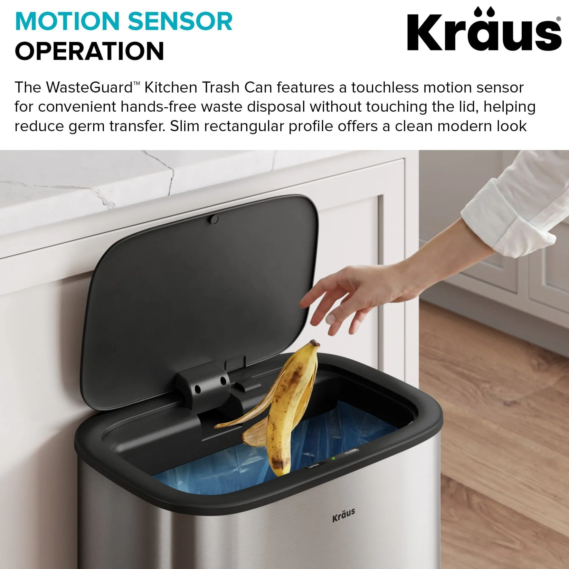 14.5 Gallon / 55 Liter Motion Sensor Kitchen Trash Can in Spot-Free Stainless Steel with Bag Securing Ring and Soft Close Lid