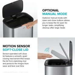 14.5 Gallon / 55 Liter Motion Sensor Kitchen Trash Can in Spot-Free Stainless Steel with Bag Securing Ring and Soft Close Lid