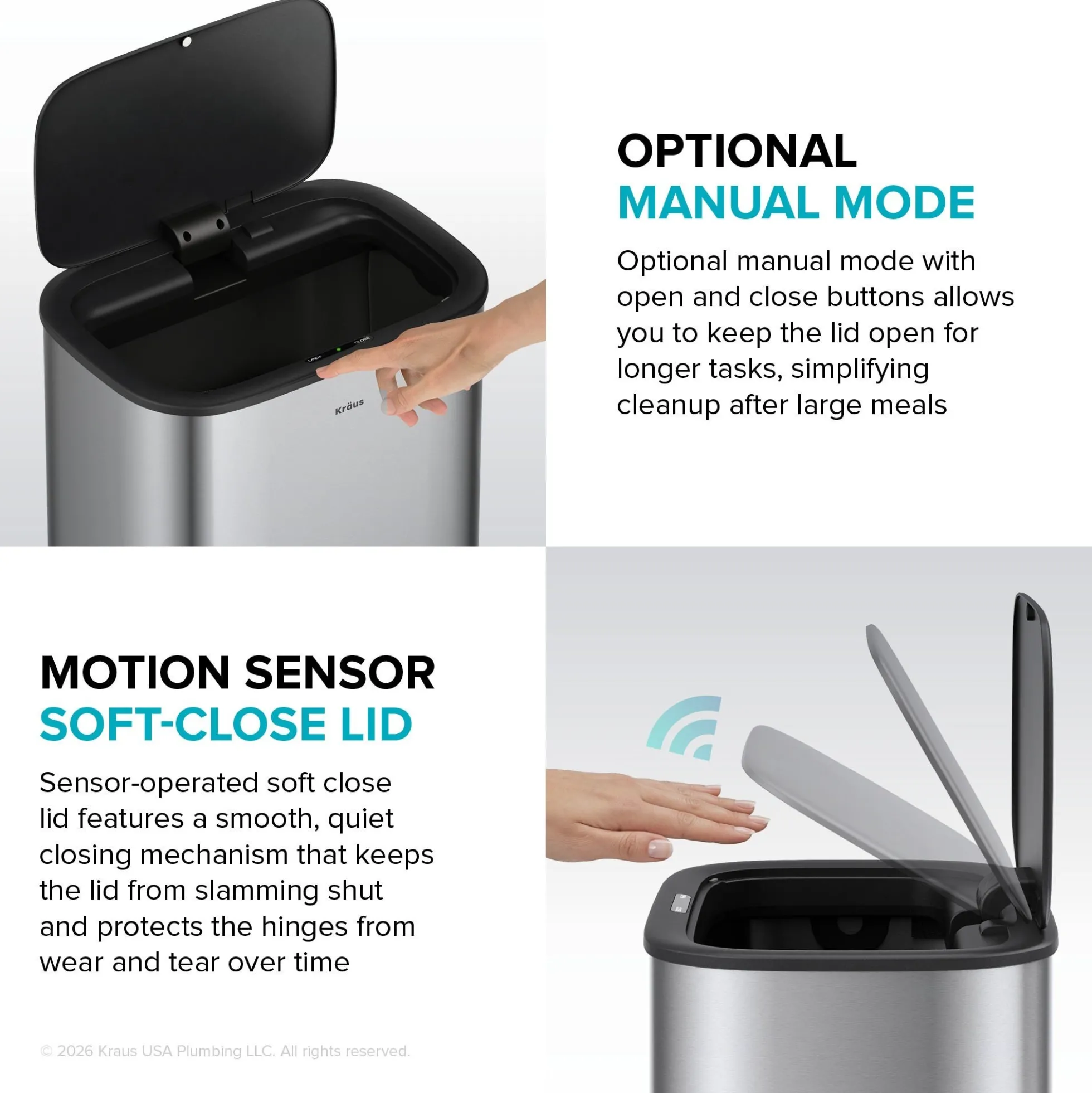 14.5 Gallon / 55 Liter Motion Sensor Kitchen Trash Can in Spot-Free Stainless Steel with Bag Securing Ring and Soft Close Lid