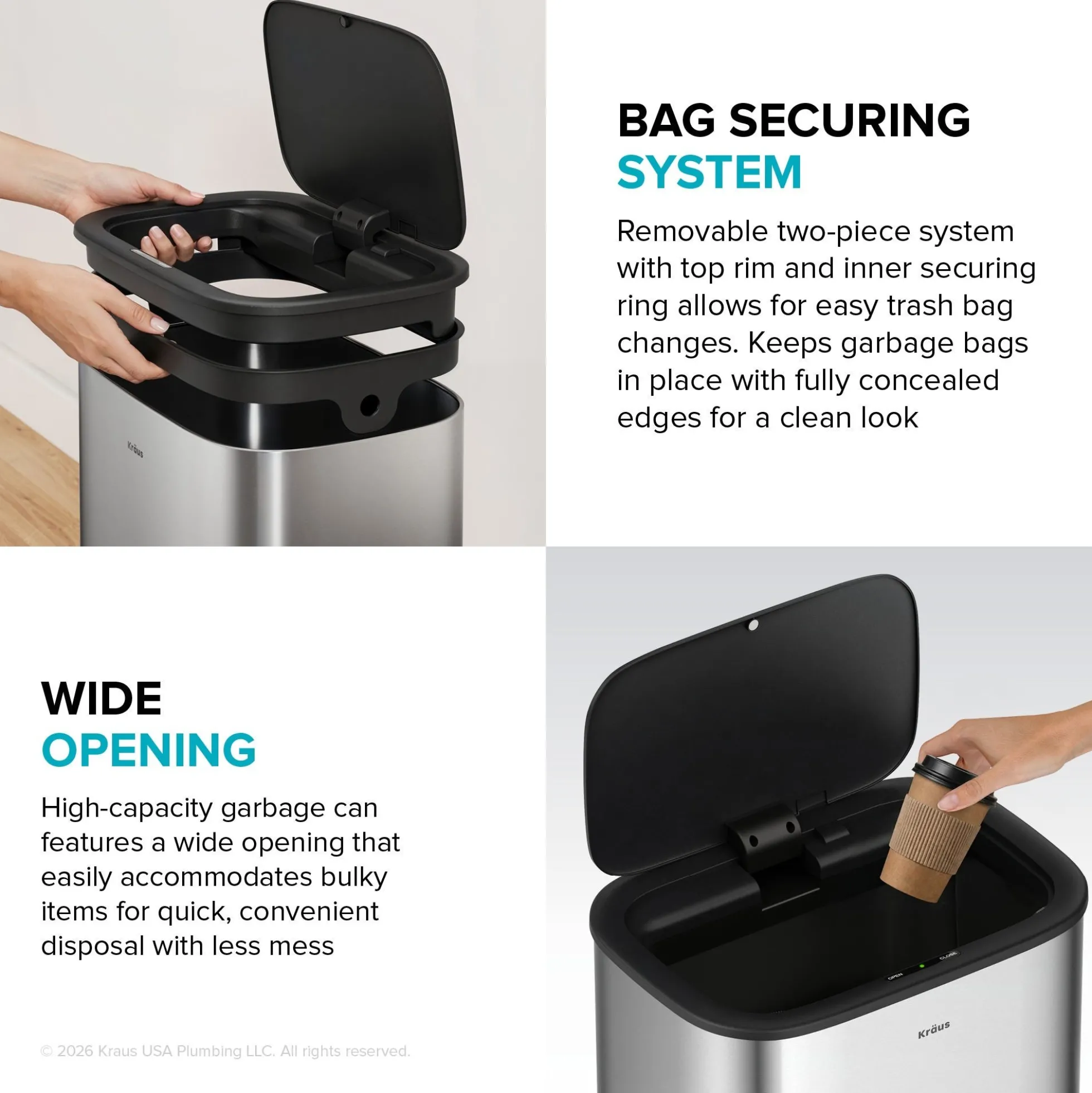 14.5 Gallon / 55 Liter Motion Sensor Kitchen Trash Can in Spot-Free Stainless Steel with Bag Securing Ring and Soft Close Lid