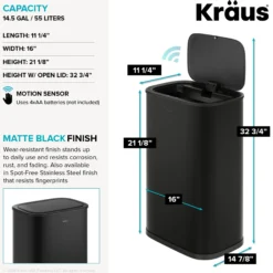 14.5 Gallon / 55 Liter Motion Sensor Kitchen Trash Can in Matte Black with Bag Securing Ring and Soft Close Lid