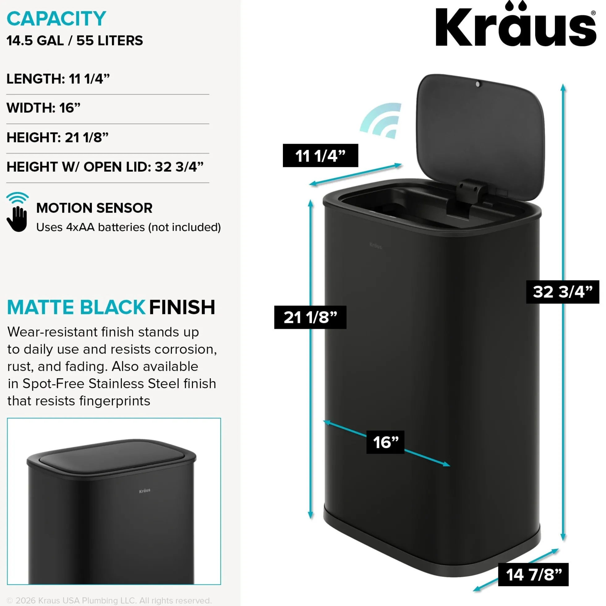 14.5 Gallon / 55 Liter Motion Sensor Kitchen Trash Can in Matte Black with Bag Securing Ring and Soft Close Lid