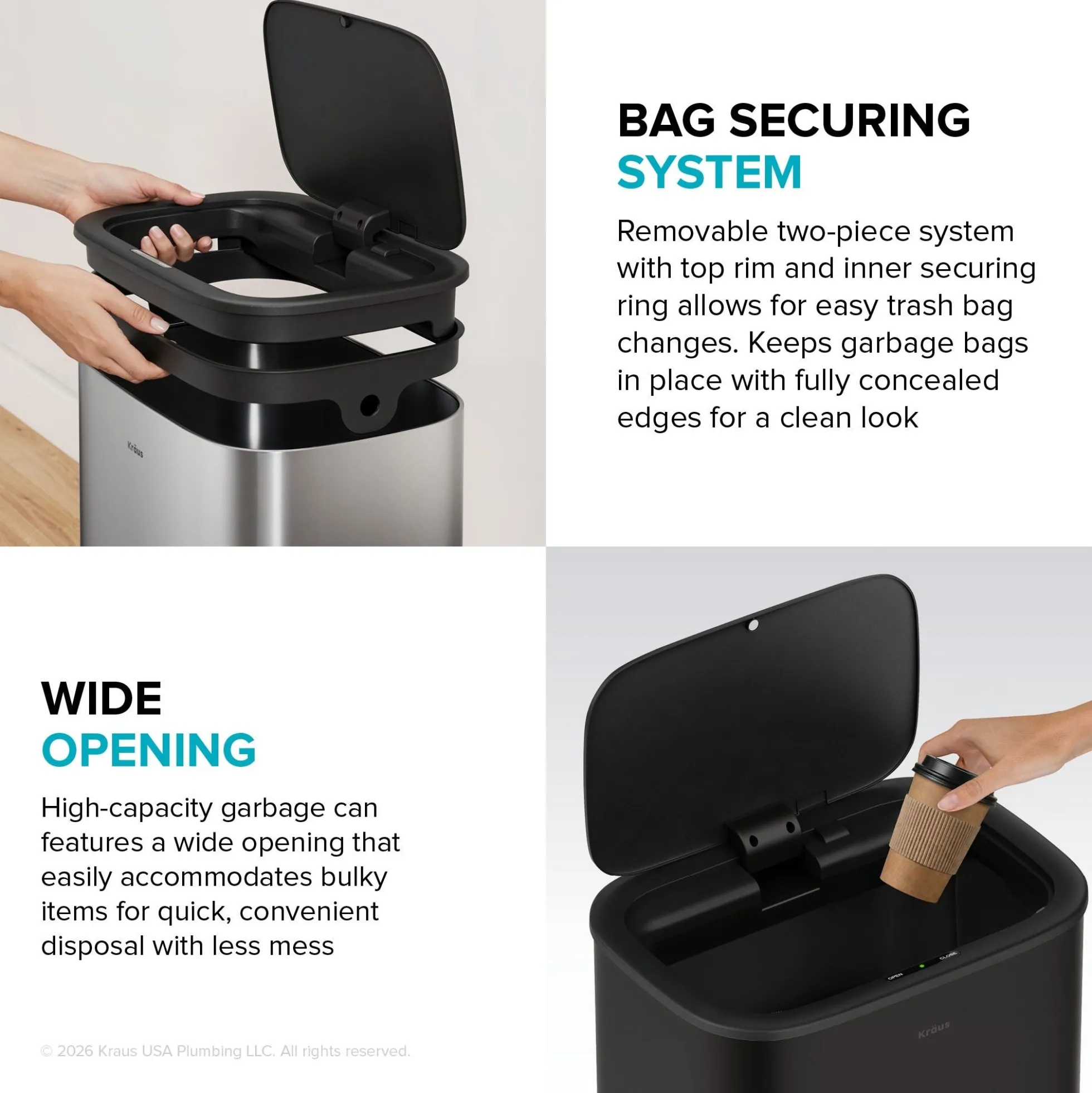 14.5 Gallon / 55 Liter Motion Sensor Kitchen Trash Can in Matte Black with Bag Securing Ring and Soft Close Lid