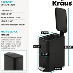 1.3 Gallon / 5 Liter Step Pedal Bathroom Trash Can in Matte Black with Removable Inner Bucket and Soft Close Lid